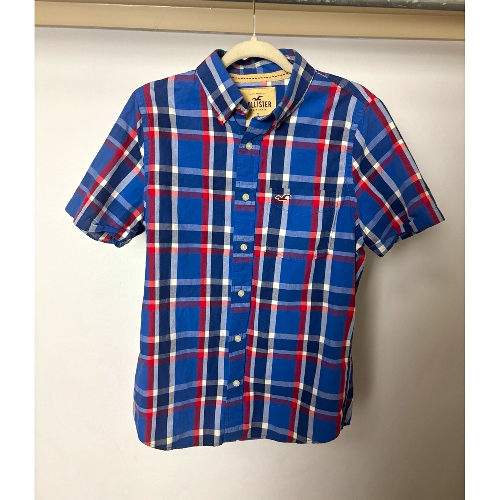 Hollister Mens M Plaid Button Down Short Sleeve Woven Cotton Shirt Blue Red